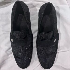Men's Black Sequin Slip-On Loafers with Pink Sole, great for prom or wedding